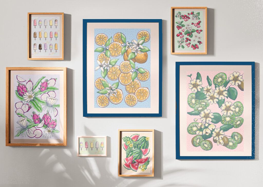 Gallery wall showing 6 various sized frames with a selection of Art Prints by Morwenna Sanders.