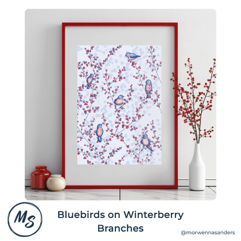 Framed Art Print of "Bluebirds on Winterberry Branches"